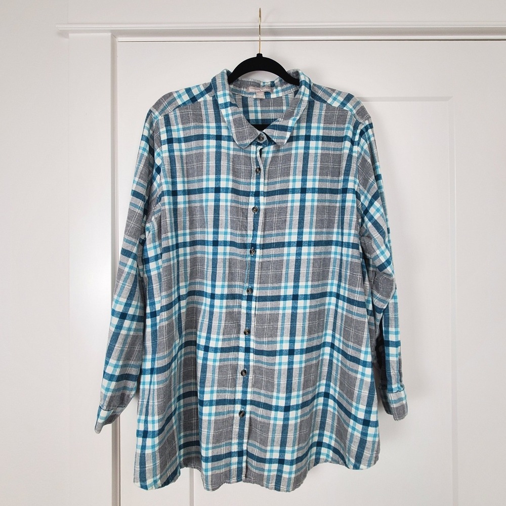 Woman Within Flannel Shirt Women 2X Blue Grey Plaid Long Sleeve Button Down